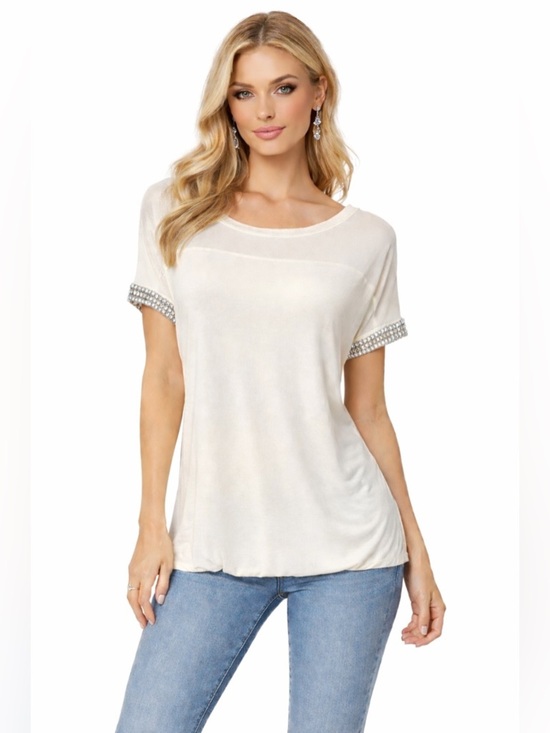 INC International Concepts Tops - INC Women’s White Top Size 1X Rhinestone On Sleeves Elastic Bottom Sheer On Top